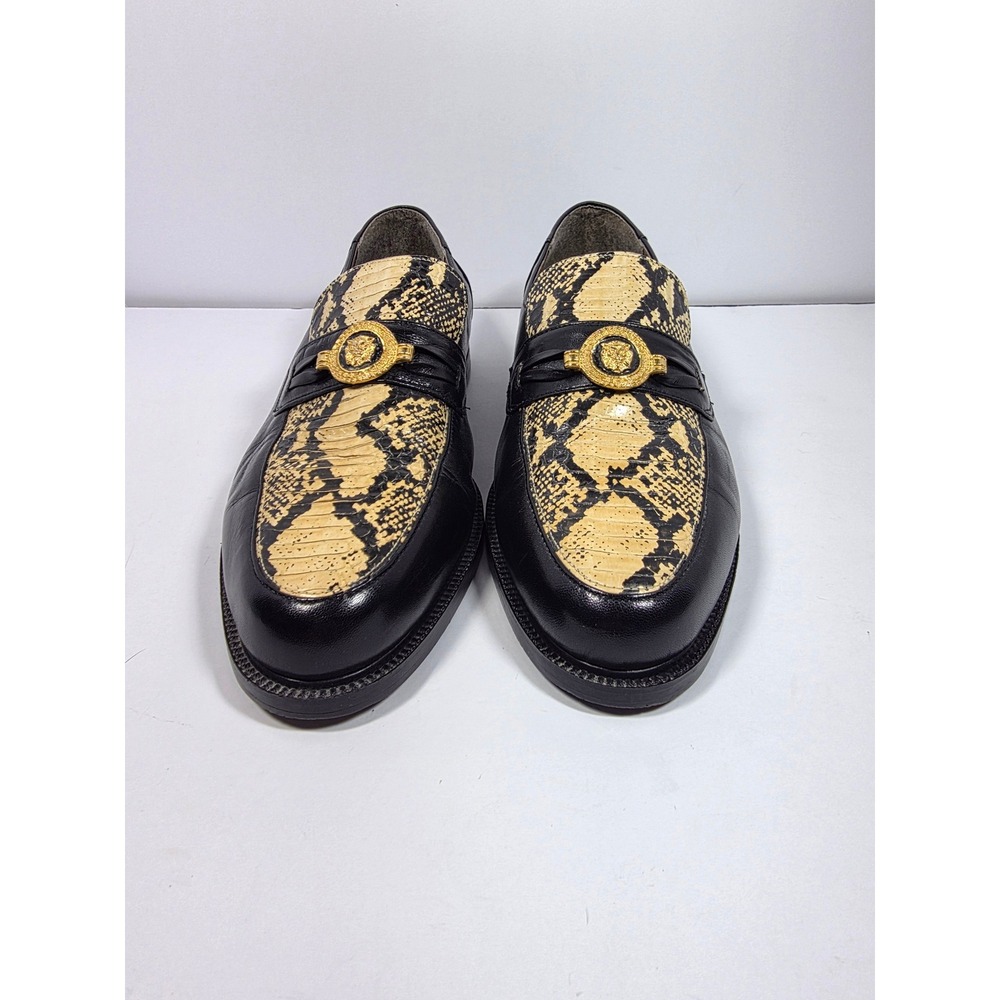 Stacy Adams Black & Genuine Snake Loafers Size 10M Gold Medallion Dress Shoes